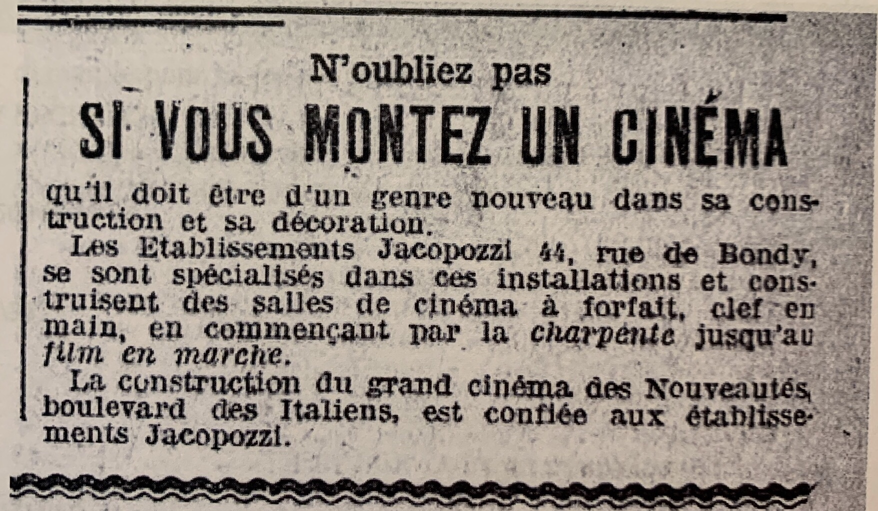 Annuncio a stampa « Se allestite un cinema »: gli Établissements Jacopozzi costruiscono sale cinematografiche chiavi in mano, dalla struttura fino al film in proiezione