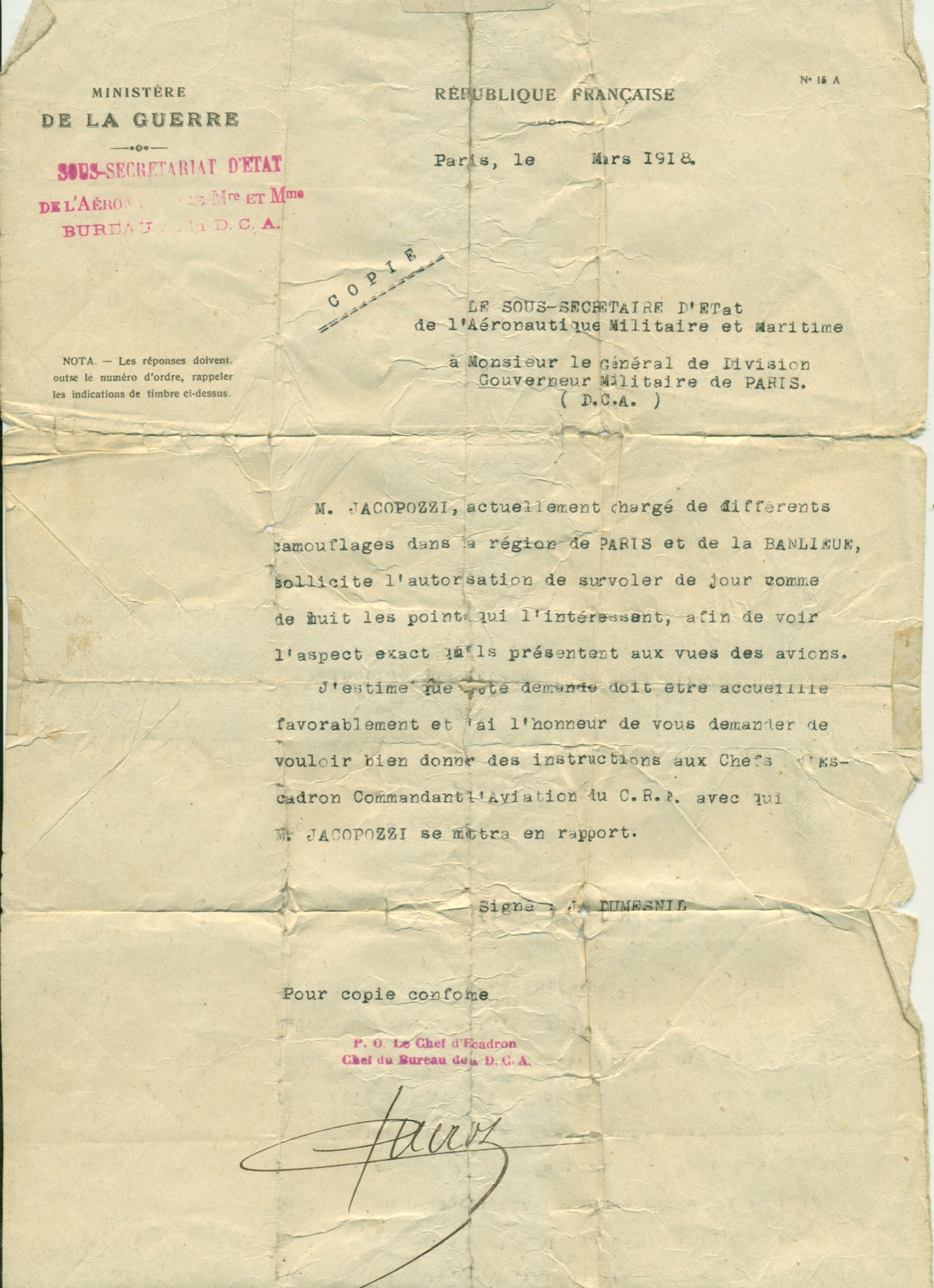 Lettre du Ministère de la Guerre, mars 1918, autorisant Jacopozzi à survoler Paris pour ses travaux de camouflage