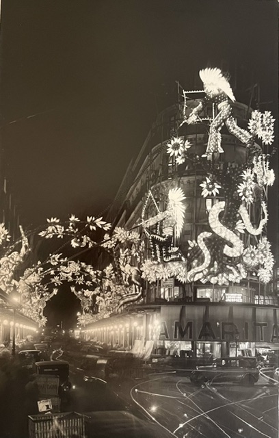Grand magasin parisien — illuminations de Noël, décorations florales lumineuses