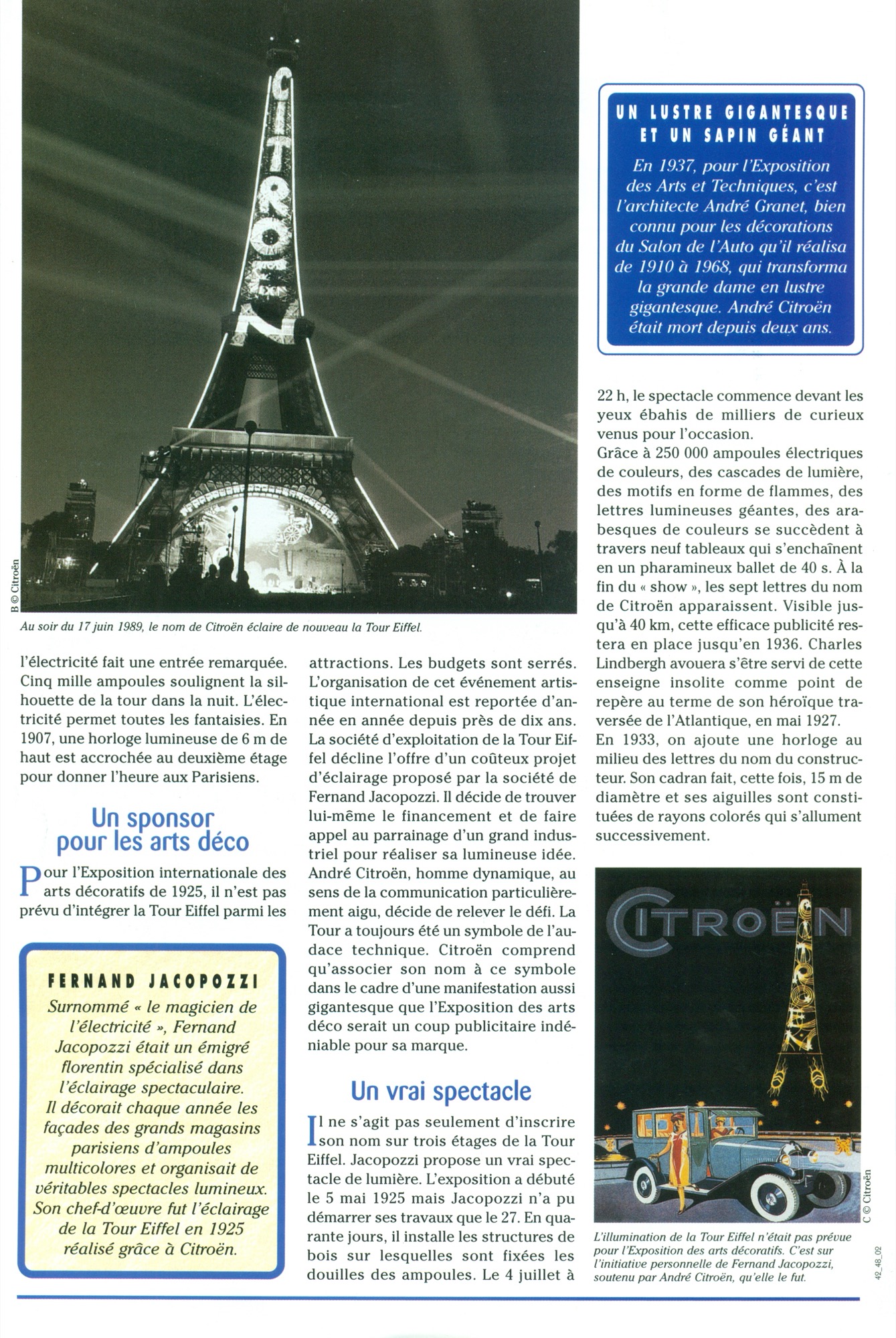 Fiche « L'Histoire » de Citroën, page consacrée à Fernand Jacopozzi et au spectacle lumineux de 1925
