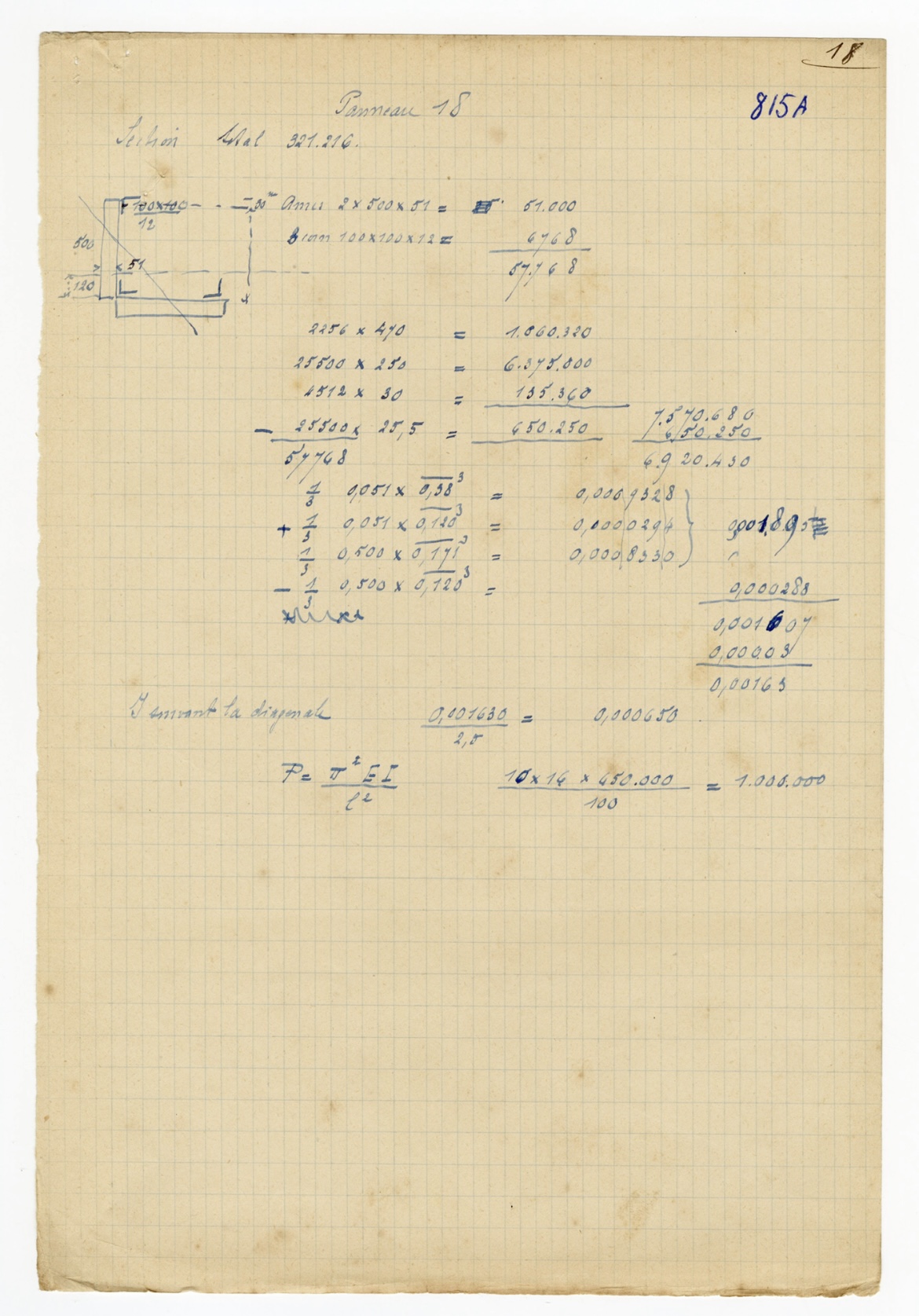 Note de calcul manuscrite du panneau 18 avec la formule d'Euler