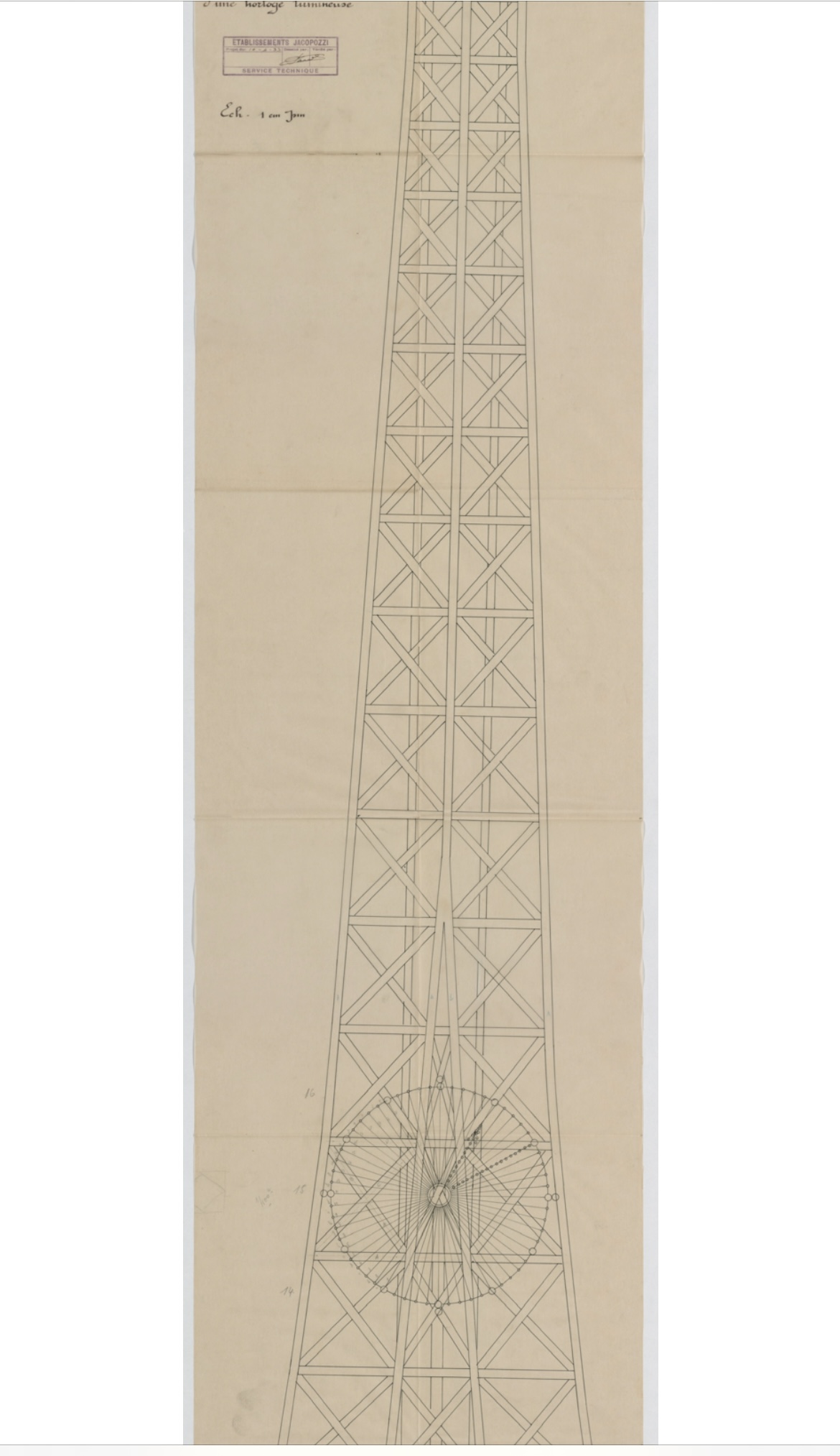 Plan technique du projet d'horloge lumineuse pour la Tour Eiffel